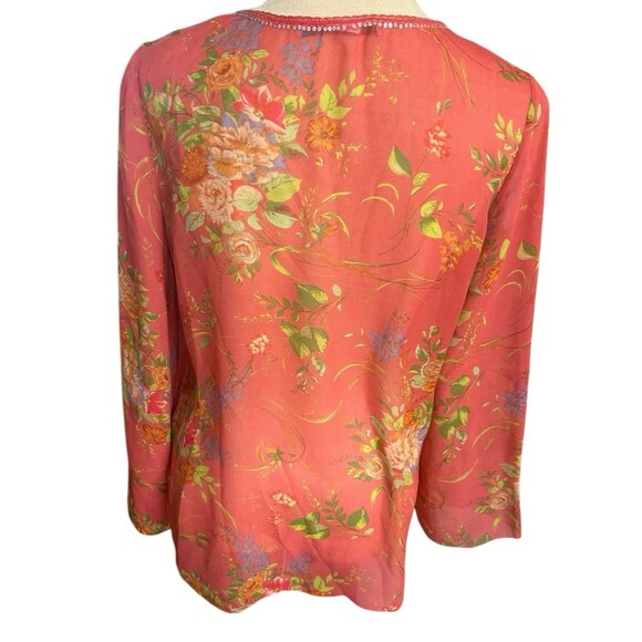 CAbi Womens Silk Floral Embroidered Embellished Coral Tie Neck Sheer Top… - Picture 6 of 9